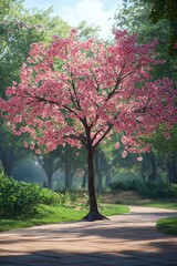 Naklejka premium Beautiful pink flowering tree in a serene park setting