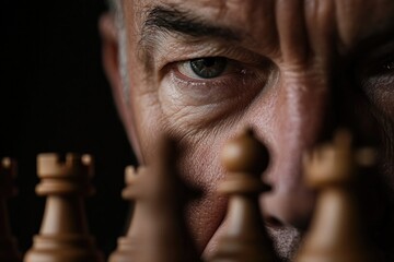 ultra-detailed close-up of chess player deep in thought veins subtly visible on his temple fingers tense as they hover