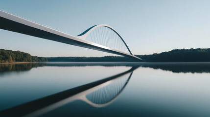 A sleek, modern bridge over a calm river