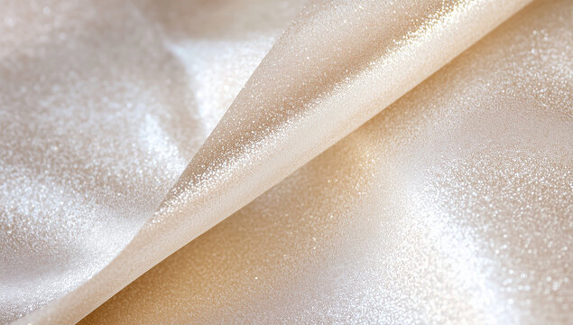 Textura de tela brillantina en tono beige con acabado iridiscente, suaves arrugas y reflejos de luz delicados fondo