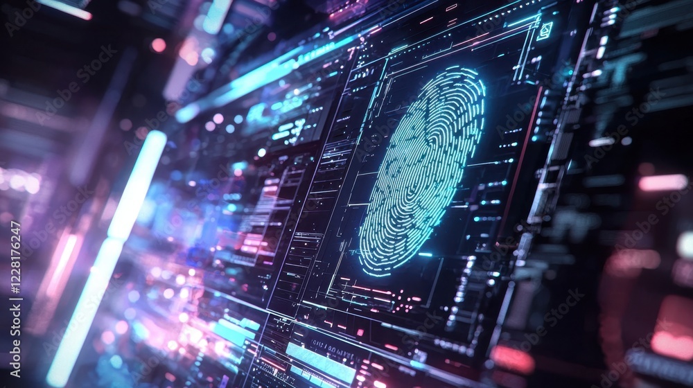 Poster a digital fingerprint appears prominently against a dark, high-tech background filled with glowing l