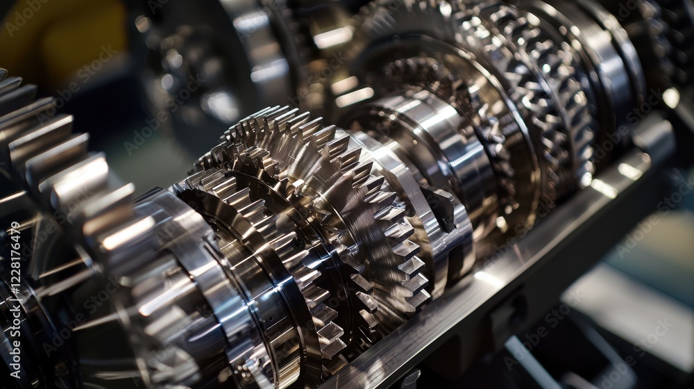 Poster close-up view of polished gears meticulously arranged on a metal framework, highlighting the precisi