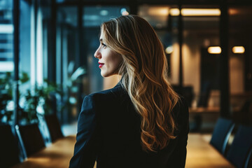 Confident Professional Leaving a Darkened Boardroom with Determination and Poise