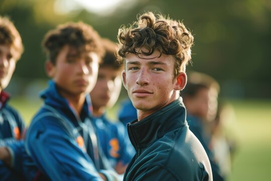 Junior rugby players and their coach - Powered by Adobe