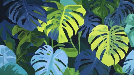 Abstract Painting of Lush Tropical Monstera Leaves