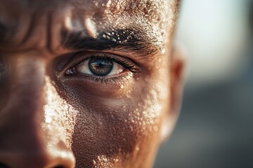 ultra-detailed close-up of male runner face sweat dripping down his forehead as he pushes through exhaustion
