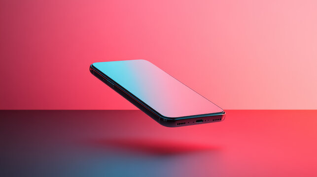 Smartphone floating in the air on pink and black background.