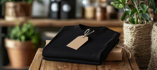 Black T-Shirt Folded with Kraft Packaging for E-Commerce Branding and Presentation