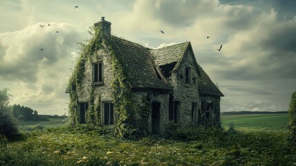 Obraz premium Overgrown Stone House in a Verdant Field