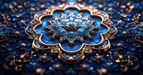 Obraz premium Intricate Blue and Gold Mandala Design with Deep Focus and Blurred Background