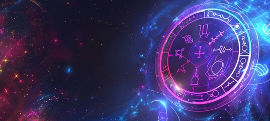 Futuristic Neon Horoscope App Banner with Glowing Zodiac Symbols for Digital Promotion