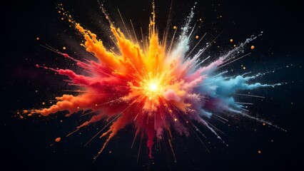 Fototapeta premium A powerful explosion of vibrant colors radiates outward, mimicking an energy eruption with chaotic splashes and beams of light and color.