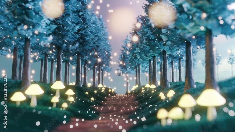 Poster enchanted forest path glowing with magical lights and luminous mushrooms.