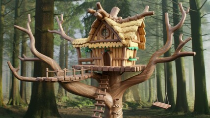 Fototapeta premium A charming miniature treehouse nestled amongst towering forest trees, complete with a thatched roof and a wooden swing.
