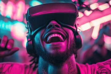 ultra-detailed close-up portrait of professional drone racer removing his vr goggles with triumphant grin eyes glowing