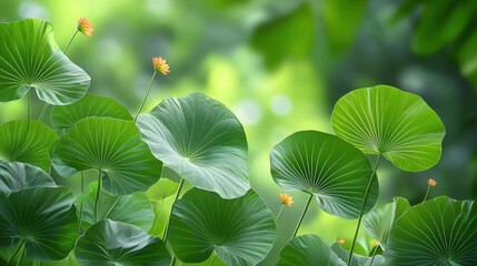 Vibrant green leaves create a lush backdrop in the garden, with soft yellow flowers peeking through under the morning sun, enhancing the tranquil atmosphere