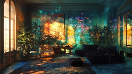 Sunlit Interior With Artistic Wall And Modern Furniture