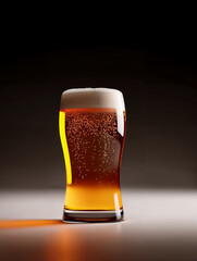 Refreshing glass of golden beer with frothy top on a dark background