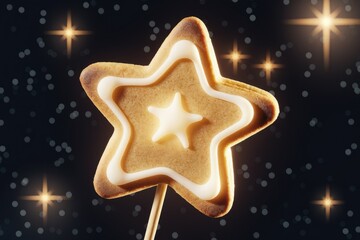Fototapeta premium A star-shaped gingerbread cookie on a stick, glistening against a dark, starry background.