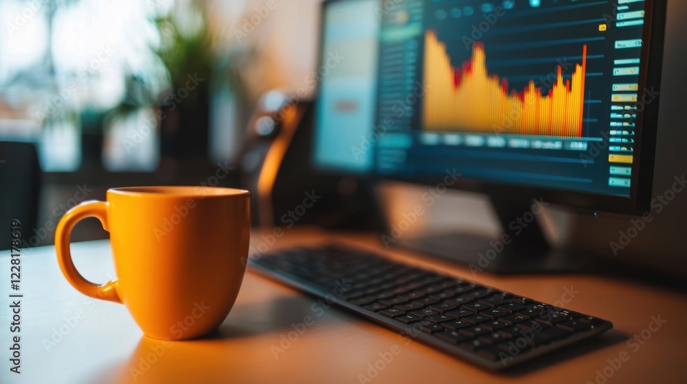 Poster modern call center desk setup with headset, monitor display, and coffee mug for efficient work envir