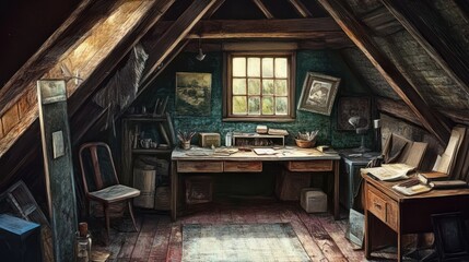 Artists Attic Workspace With Wooden Beams And Natural Light