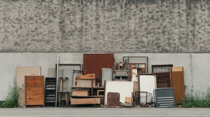 Pile of discarded furniture and wood against a wall.