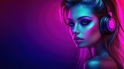 Fototapeta premium Fashionable woman with headphones in neon light
