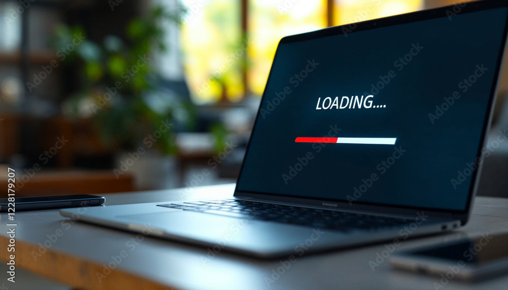 Aufkleber loading screen displayed on a laptop during a work session in a cozy home office setting