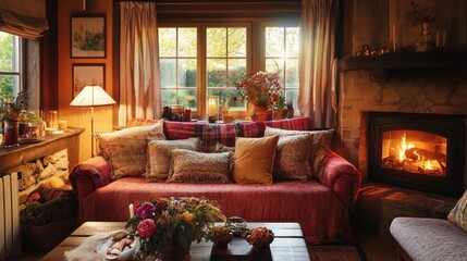 Obraz premium Cozy Autumn Living Room With Fireplace And Window