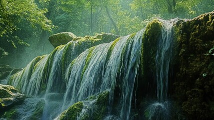 Lush forest waterfall, mist, nature scene, tranquil background, eco-tourism