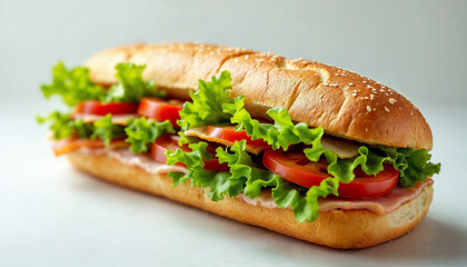 Freshly prepared sandwich with layers of lettuce, tomatoes, and ham on a sesame seed bun ready for enjoyment