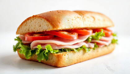 Freshly made sandwich with ham, lettuce, and tomato served in a bakery setting