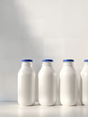 Multiple white jars with blue caps lined up on a plain surface in a bright environment