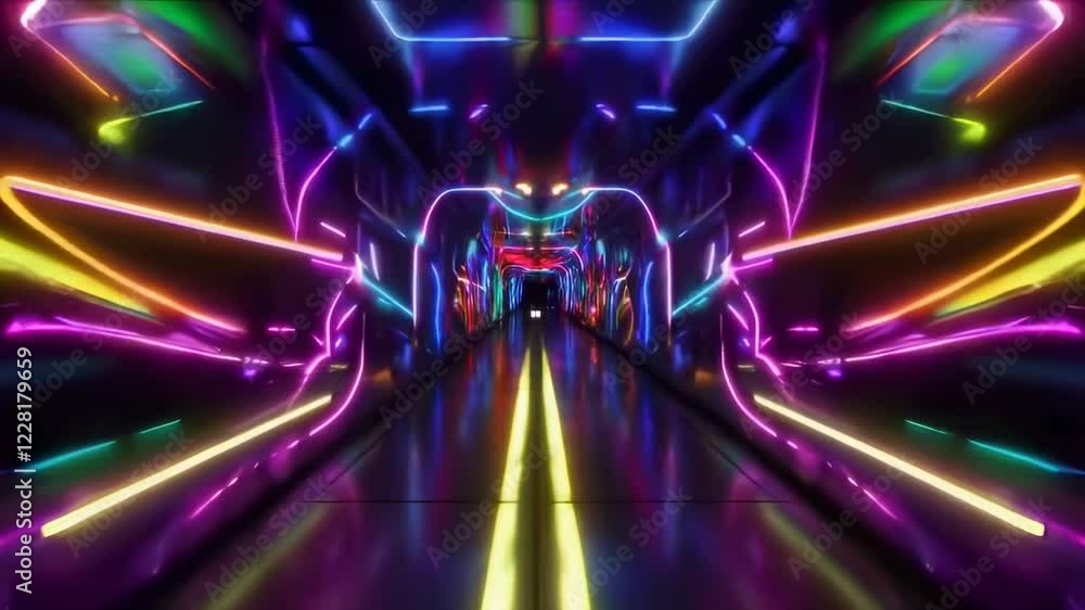 Poster abstract bright multicolored neon cyberpunk tunnel with camera moving through it