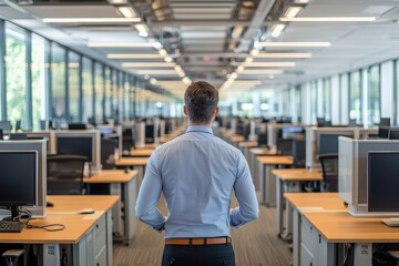 Manager Overseeing Busy Call Center Operations in Well-Lit Modern Office Environment