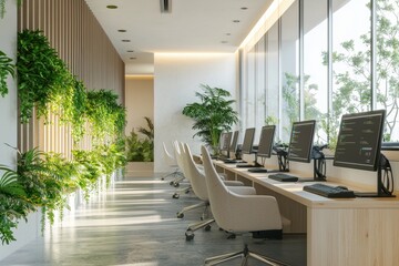 Modern Call Center Workspace with Diverse Agents and Greenery in Minimalistic Design