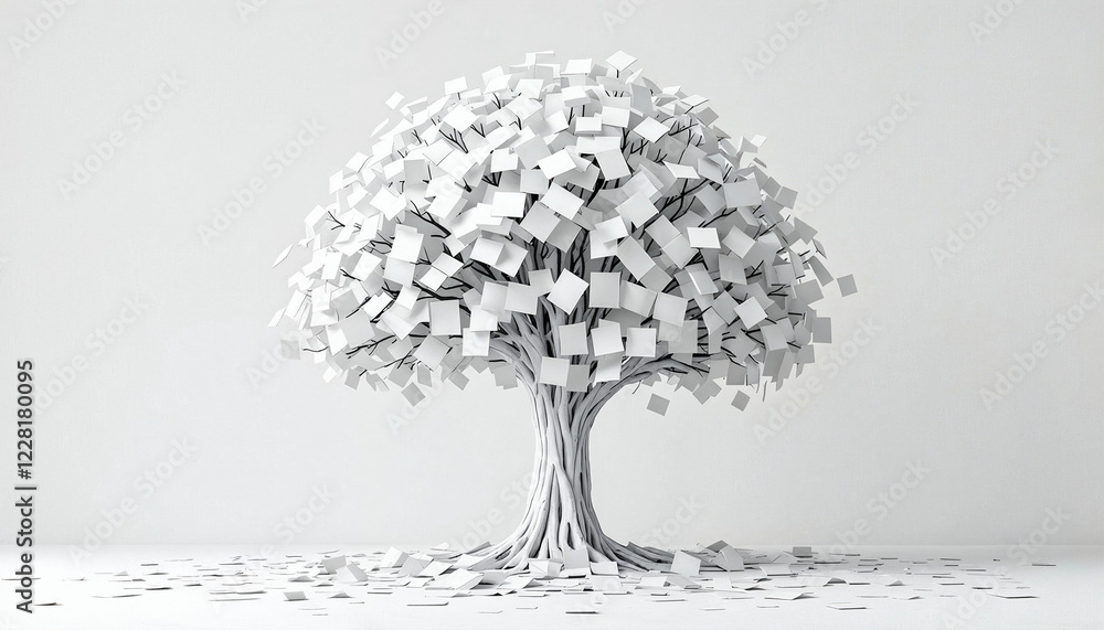 Poster artistic representation of a tree made of white paper squares in a minimalist studio setting