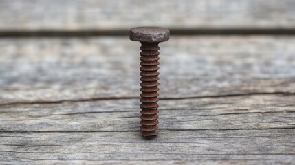 Rusty screw on weathered wood.