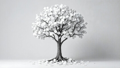 Unique tree sculpture made of white paper notes creatively arranged in a minimalist setting