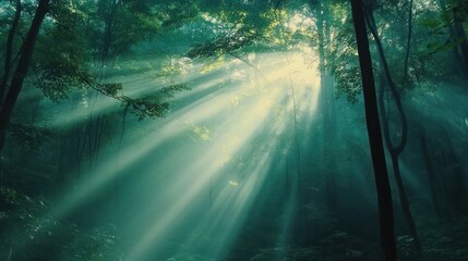 Obraz premium Sunbeams Illuminate Misty Forest Canopy