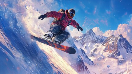 A skilled snowboarder catches air while soaring above powdery snow, with majestic mountains in the background under a clear blue sky. The scene captures the thrill of winter sports