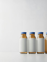 Bottles lined up on a table with a minimalist design showcasing varied contents and colors