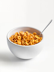 Bowl of crunchy cereal with spoon ready for breakfast at home in a bright kitchen