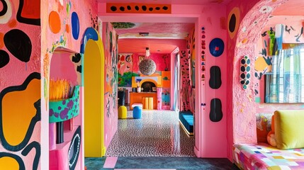 Vibrant Pink Hallway Interior Design Featuring Abstract Art