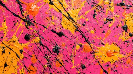 Vivid colors of pink, black, orange, and yellow intertwine in a bold abstract design, showcasing dynamic brush strokes across a textured canvas. The composition exudes energy and creativity