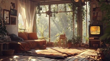 Fototapeta premium Sunlit Overgrown Room With Vintage Furniture And Plants