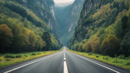 Naklejka premium Long paved road, trees and greenery on the sides