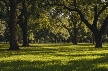 Serene Green Park: Lush Trees and Sunlit Grass