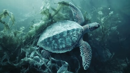 Fototapeta premium Sea Turtle Navigating Ocean Entangled with Plastic