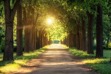 Sunlit Pathway Through a Lush Green Tree Tunnel